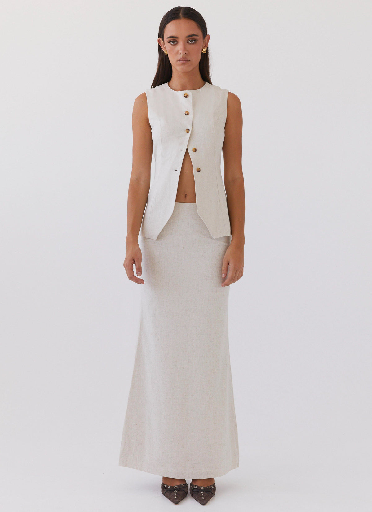 Born For Bordeaux Linen Midi Skirt - Oatmeal